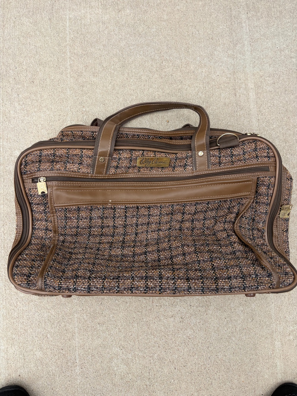 Vintage Oleg Cassini Tweed Travel Bag Suitcase Brown Weekender Shoulder Strap